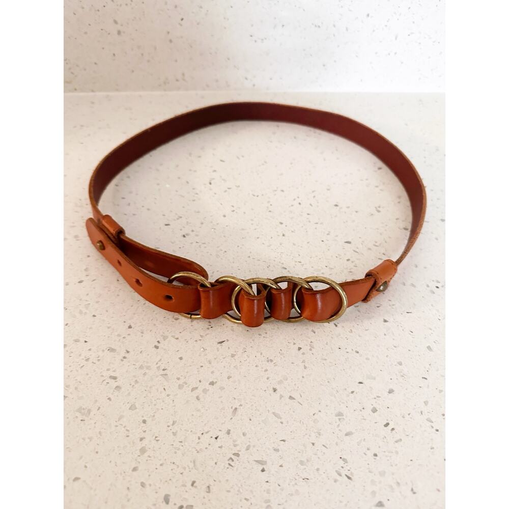 Genuine Leather Cognac Brown Interlocking Ring Statement Belt Gold Tone
